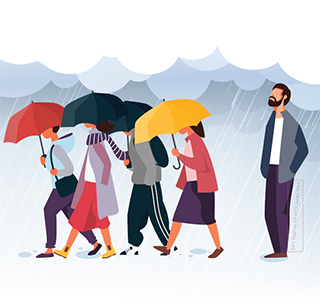 Illustration of people with umbrellas